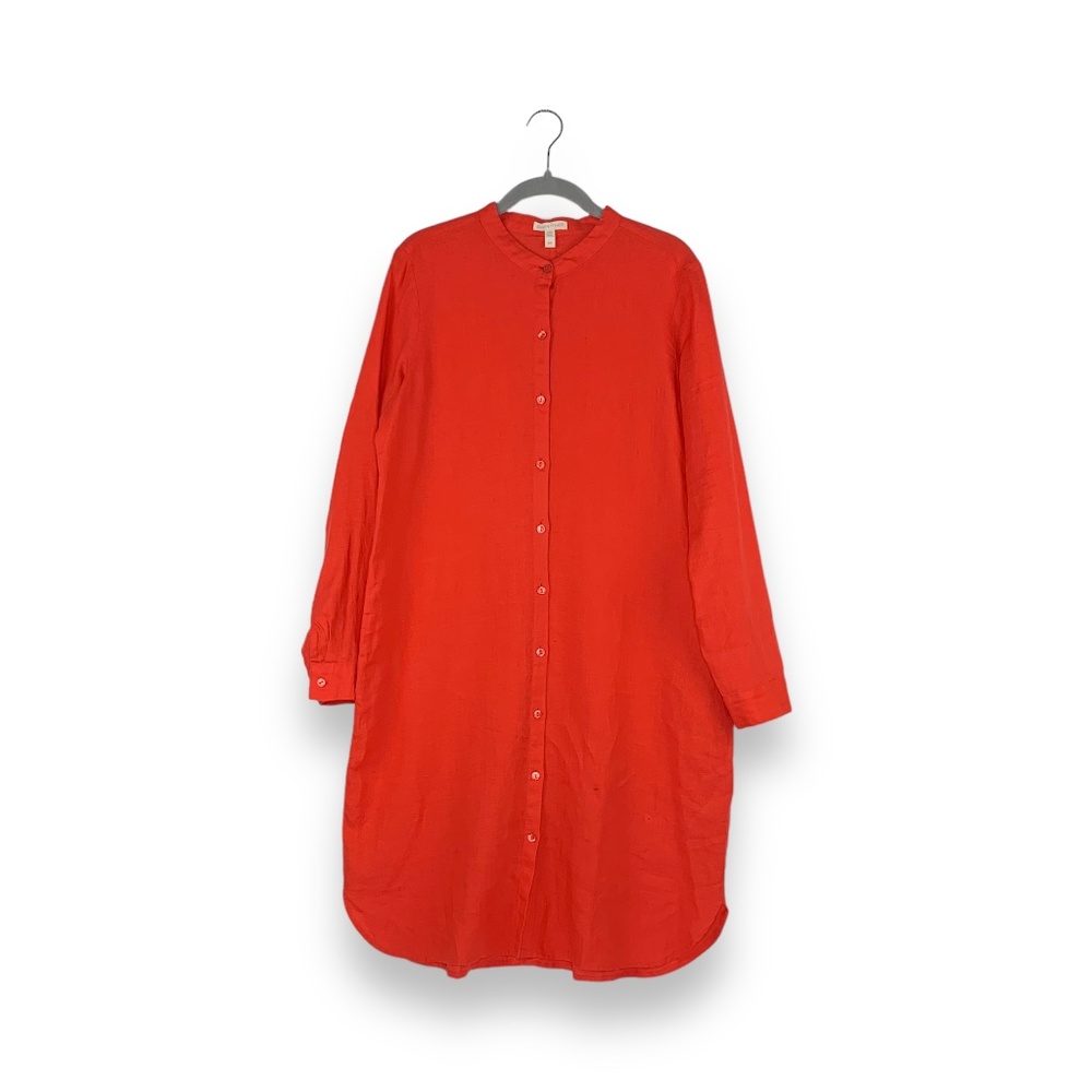 Eileen Fisher Orange 100% Linen Mandarin Collar Shirt Dress
